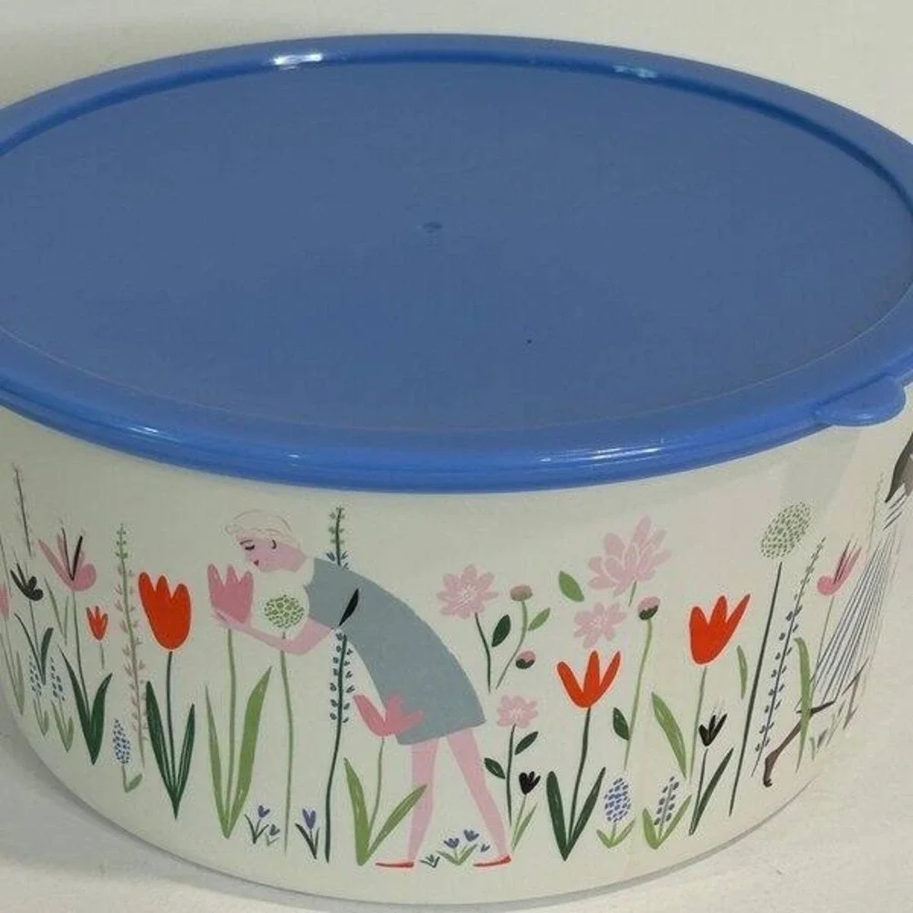 Libby VanderPloeg Anthropologie Melamine Bowl Blue Lid Floral Garden
